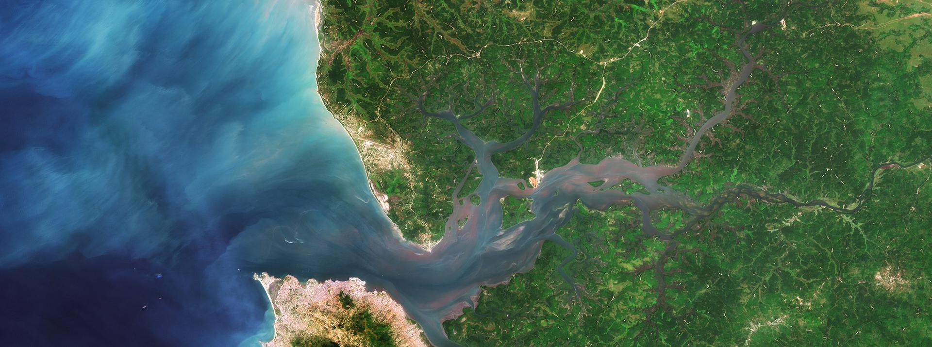 River Estuary Part of Sierra Leone in West Africa is pictured in this image the Sentinel-2A satellite captured on 11 December 2015. (c) ESA